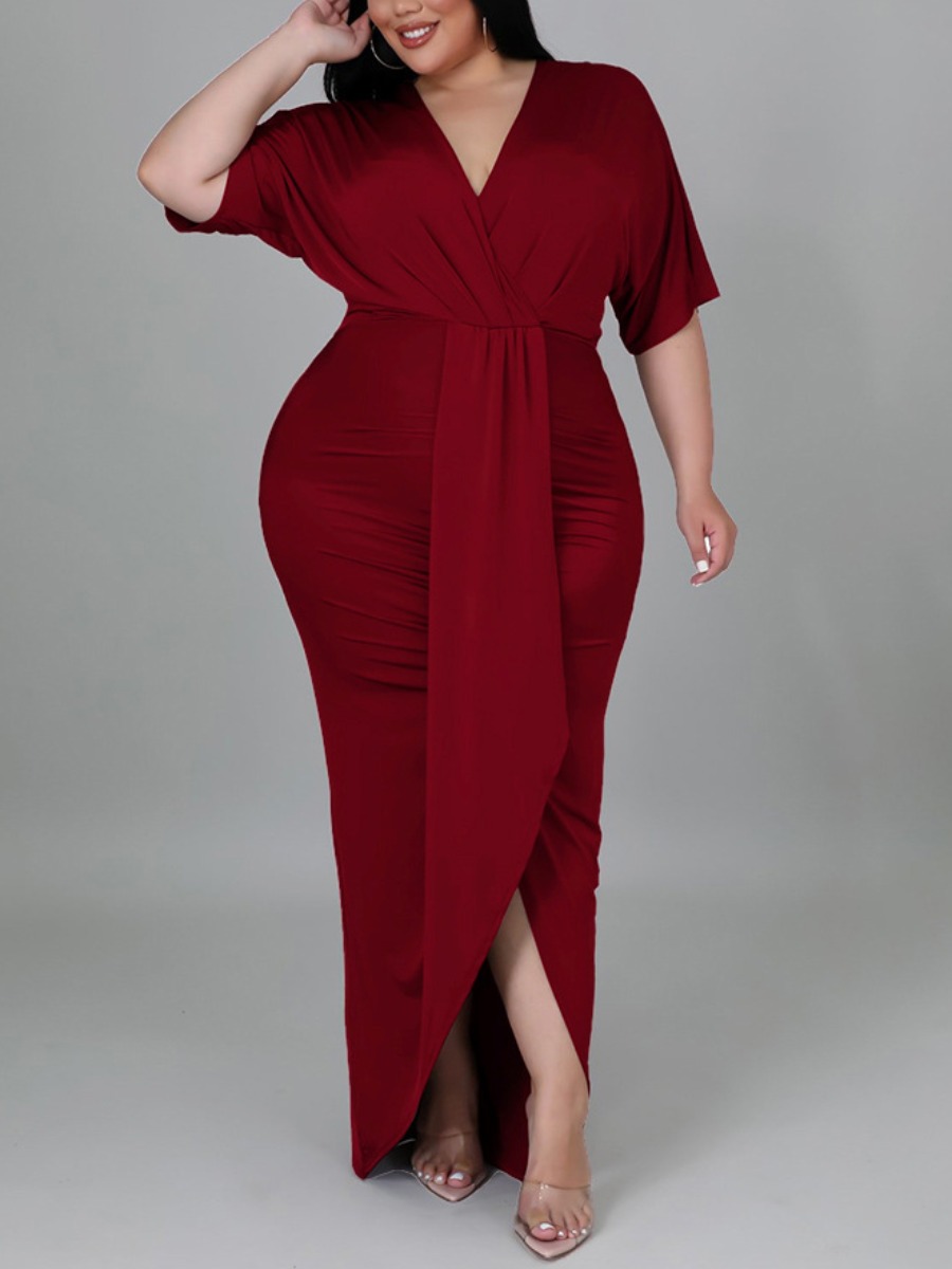 

LW Plus Size V Neck Slit Bodycon Dress, Wine red