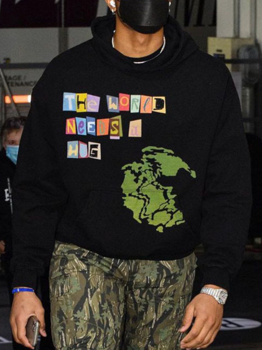 

LW COTTON Men Map Letter Print Sweatshirt, Black