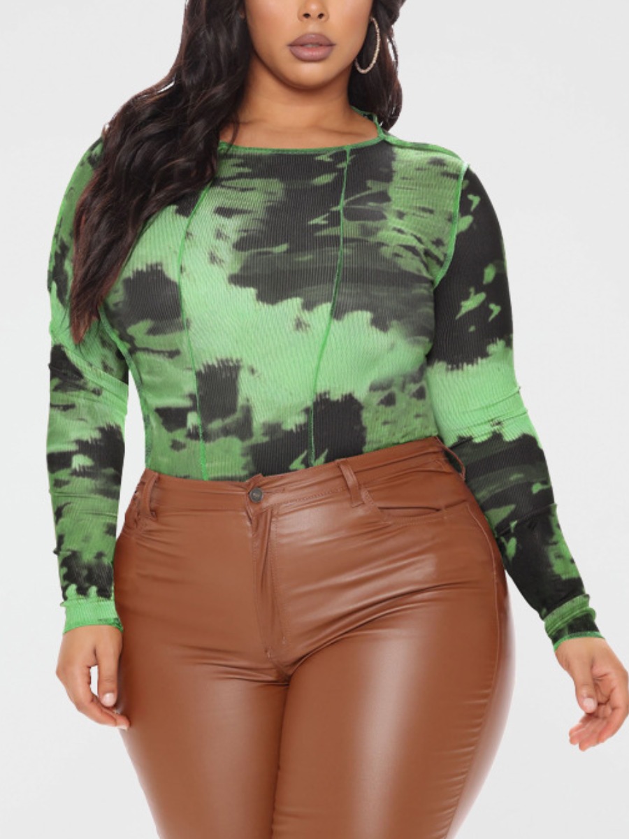 

LW Plus Size Round Neck Tie-dye Bodysuit, Green