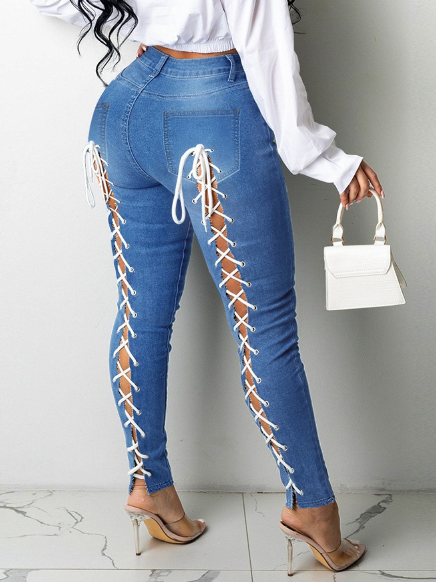 

LW Bandage Hollow-out Design Jeans (No Stretch), Blue