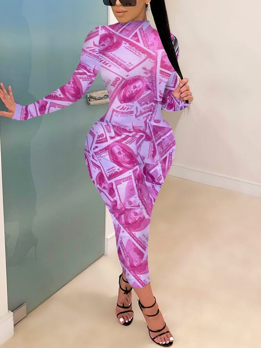 LW Mock Neck Money Print Bodycon Dress