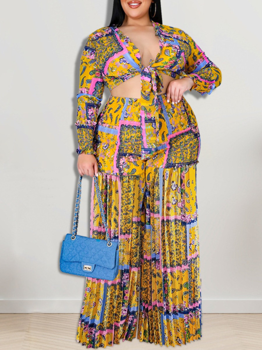 

LW Plus Size Mixed Print Pants Set, Yellow