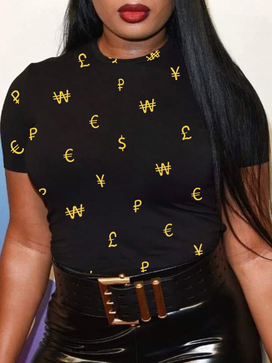 

LW Plus Size Round Neck Letter Print T-shirt, Black