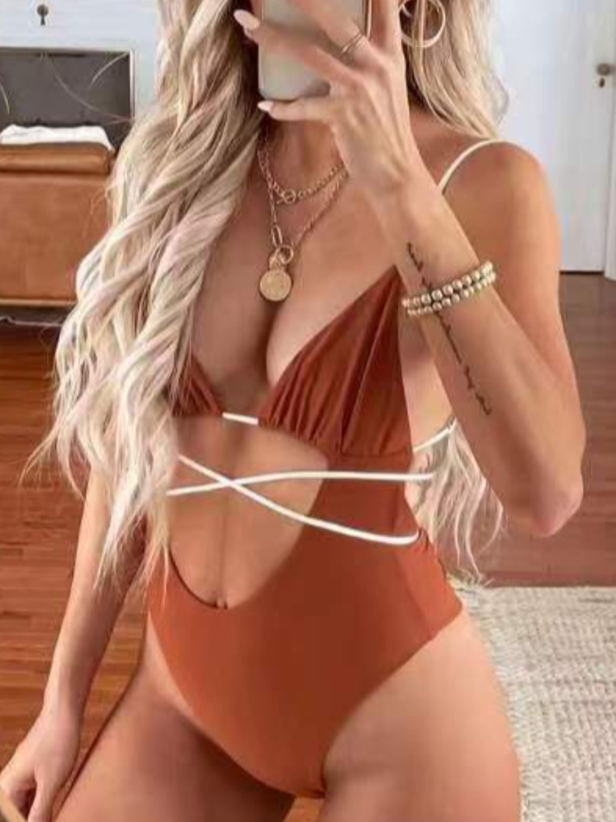 

LW Bandage Hollow-out Design One-piece Swimsuit, Orange brown