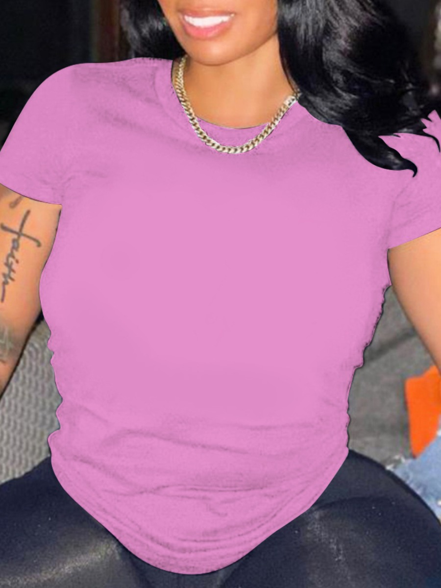

LW Round Neck Solid Color Basic T-shirt, Light purple