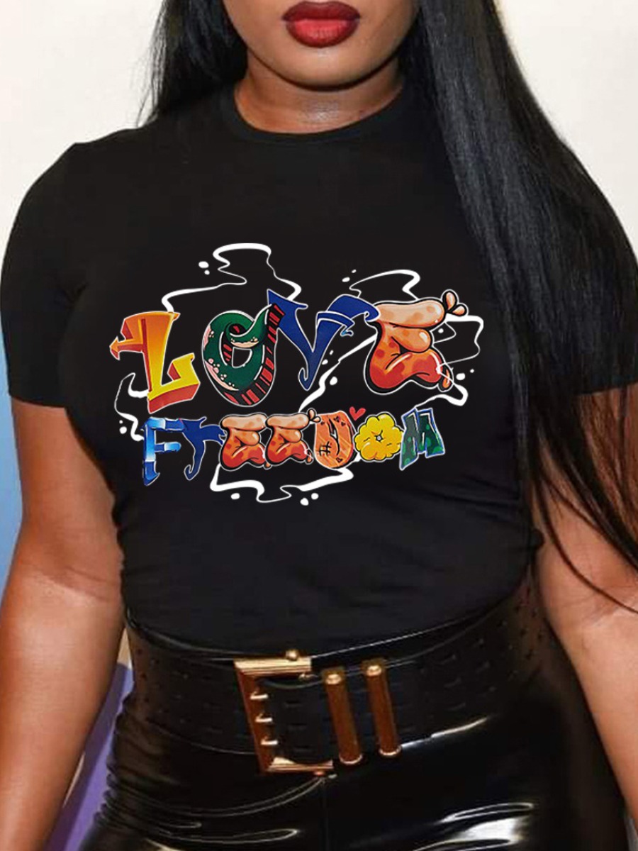 

LW Letter Print Patchwork T-shirt, Black