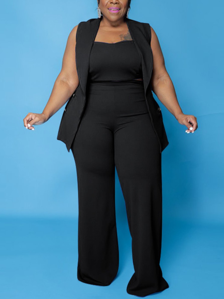 

LW Plus Size Blazer Three-piece Pants Set, Black
