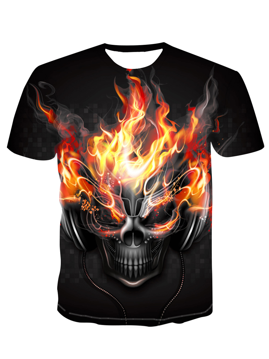 

LW Men Skull Head Flame Print T-shirt, Black