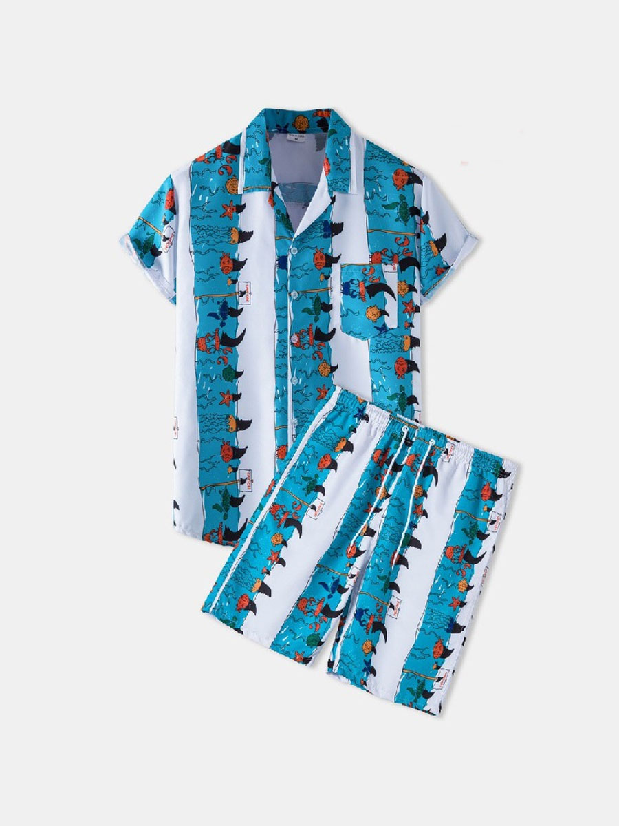 

LW COTTON Men Striped Patchwork Shorts Set, Blue stripe