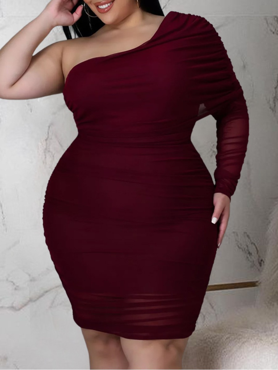 

LW SXY Plus Size See-through Ruched Dress, Wine red