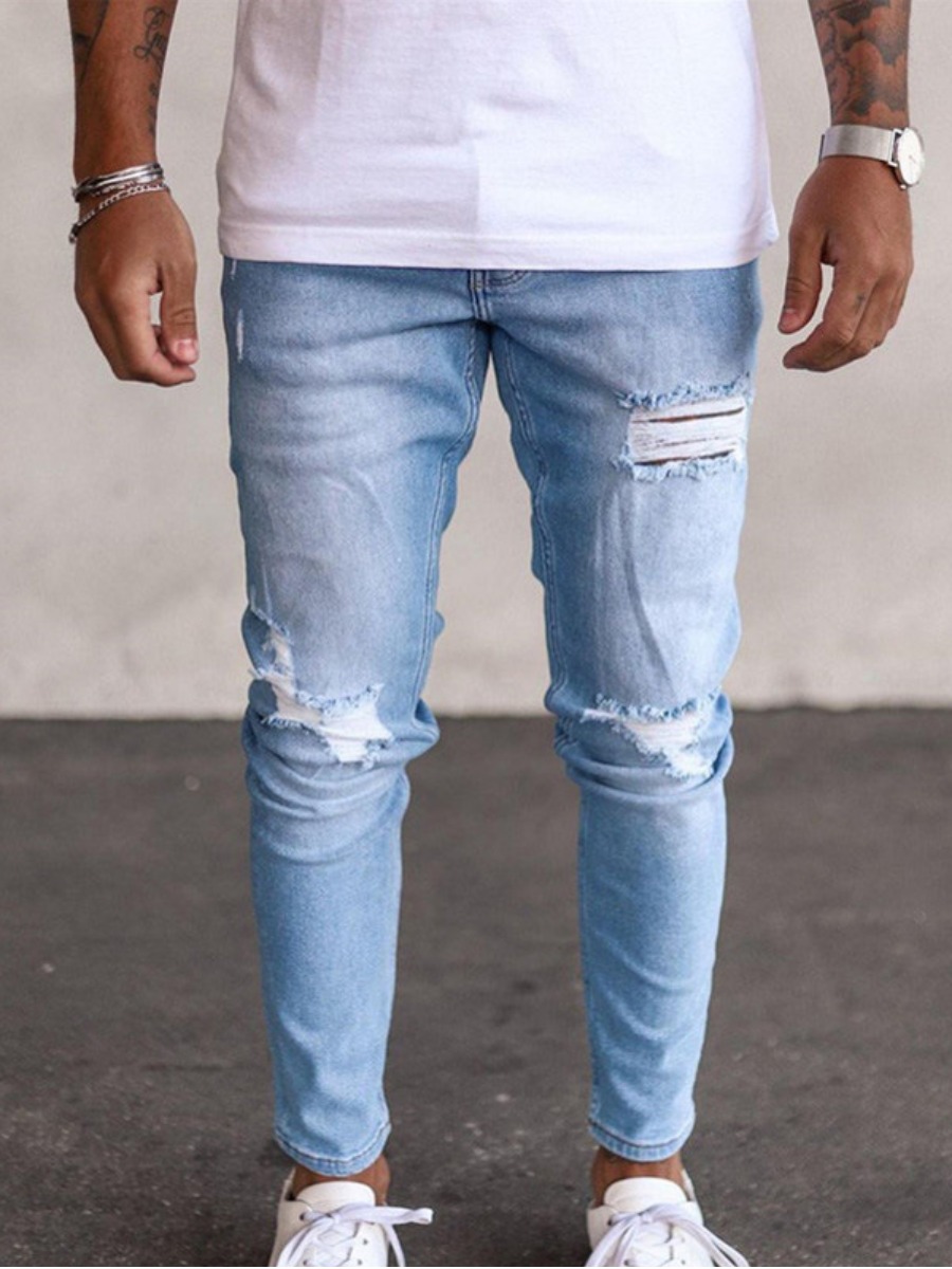 

LW Men Mid Waist Ripped Jeans, Baby blue