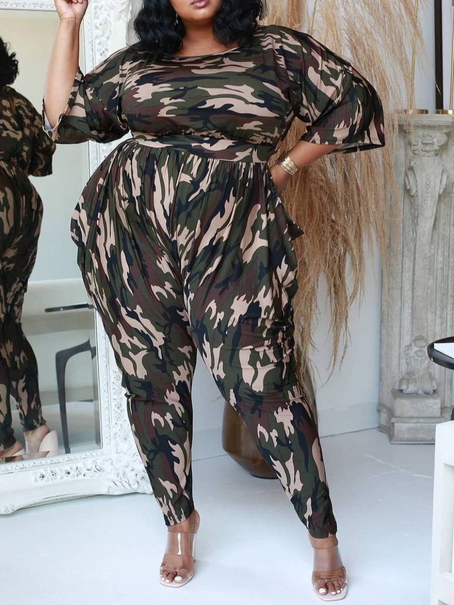 

LW Plus Size Camo Print Fold Design Pants Set, Army green