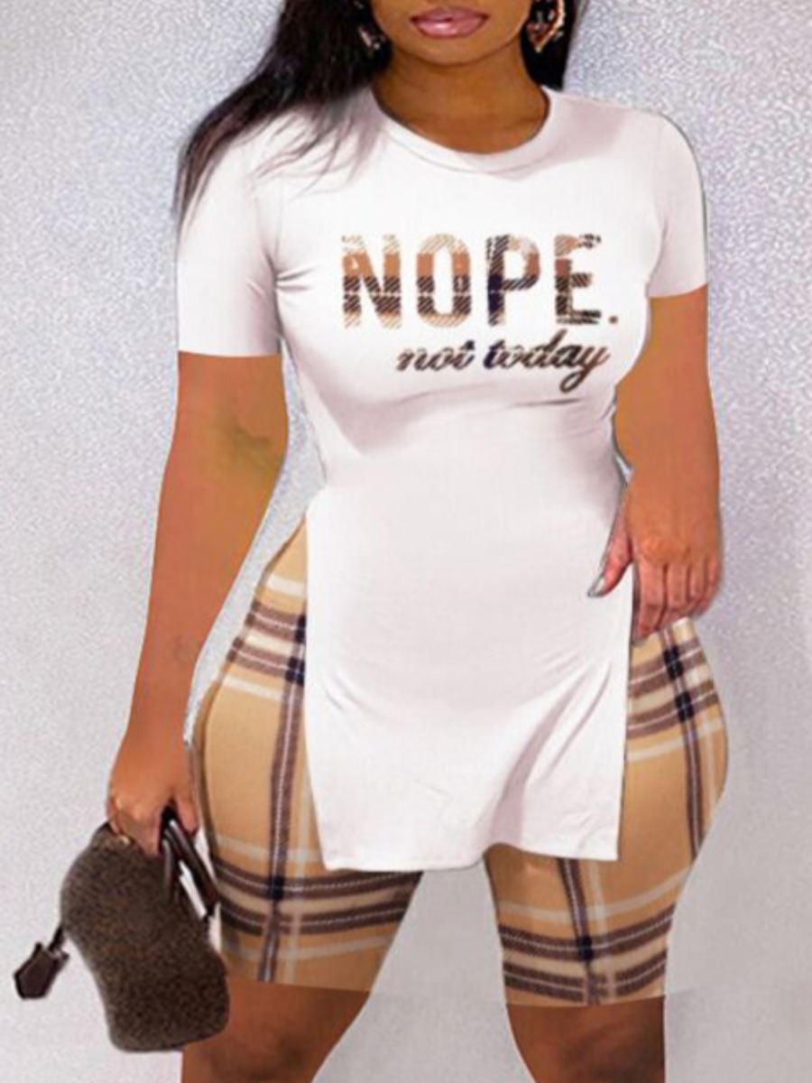 

LW Plus Size Plaid Letter Print Shorts Set, Light yellow