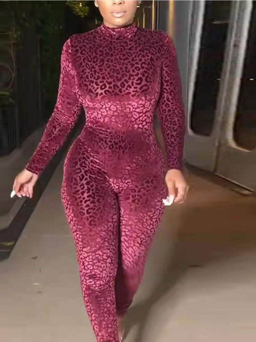 

LW Plus Size Mock Neck Basic Animal Print Skinny Jumpsuit, Wine red