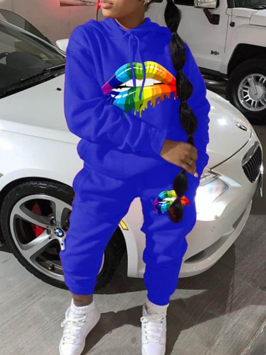 

LW Lip Print Kangaroo Pocket Tracksuit Set, Blue