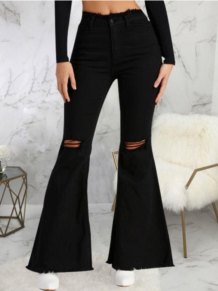 

LW Mid Waist Ripped Flared Jeans, Black