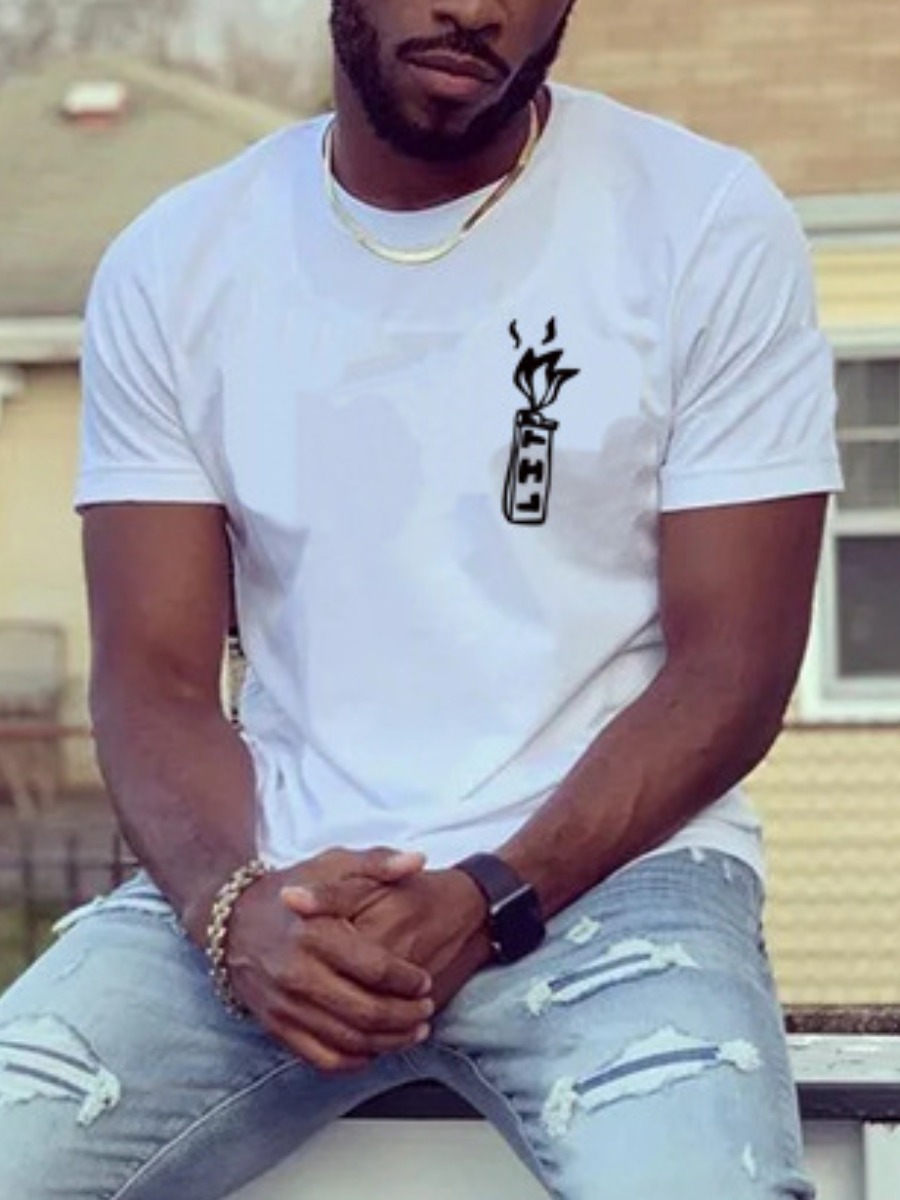 

LW COTTON Men Round Neck Letter Print T-shirt, White