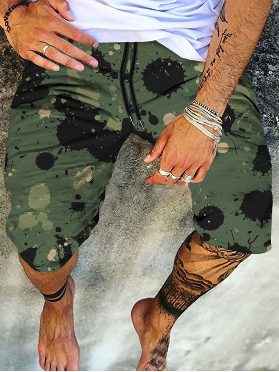 

LW BASICS Men Splash-ink Drawstring Shorts, Army green camouflag