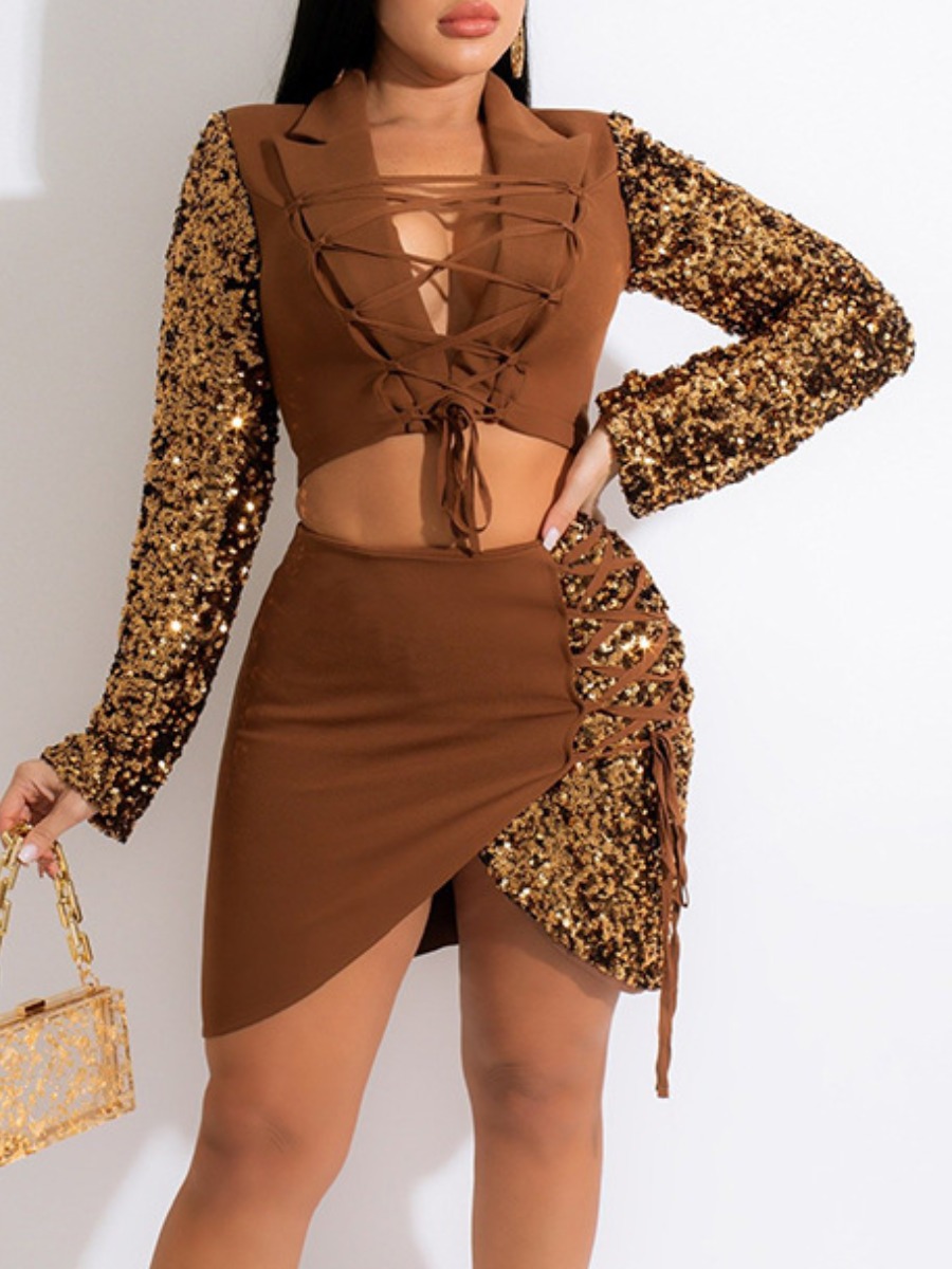 

LW SXY Sequined Bandage Design Skirt Set, Brown