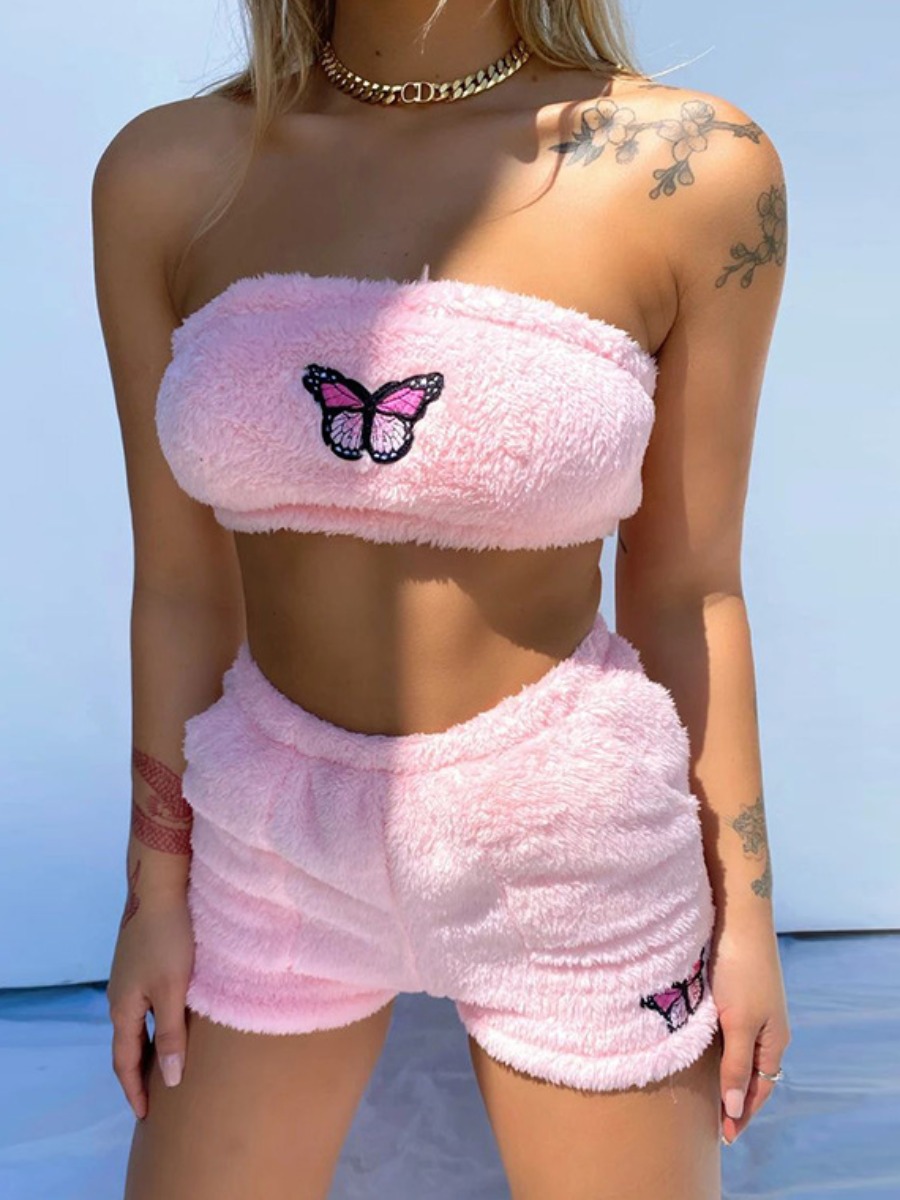 

LW Butterfly Decor Teddy Shorts Set, Pink