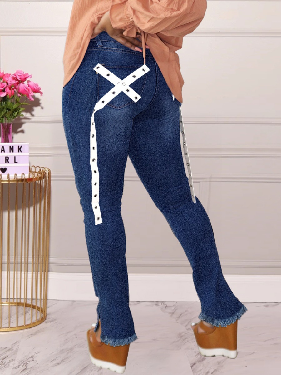 

LW Mid Waist Raw Edge Jeans, Deep blue