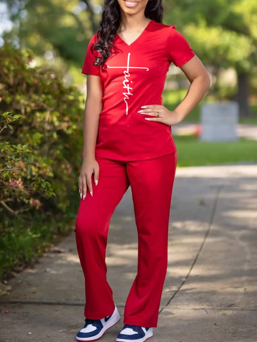 

LW V Neck Letter Print Pants Set, Red