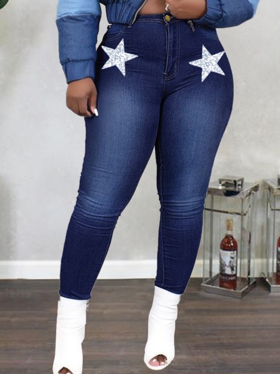 

LW Plus Size Mid Waist Medium Stretchy Rhinestone Star Jeans, Deep blue