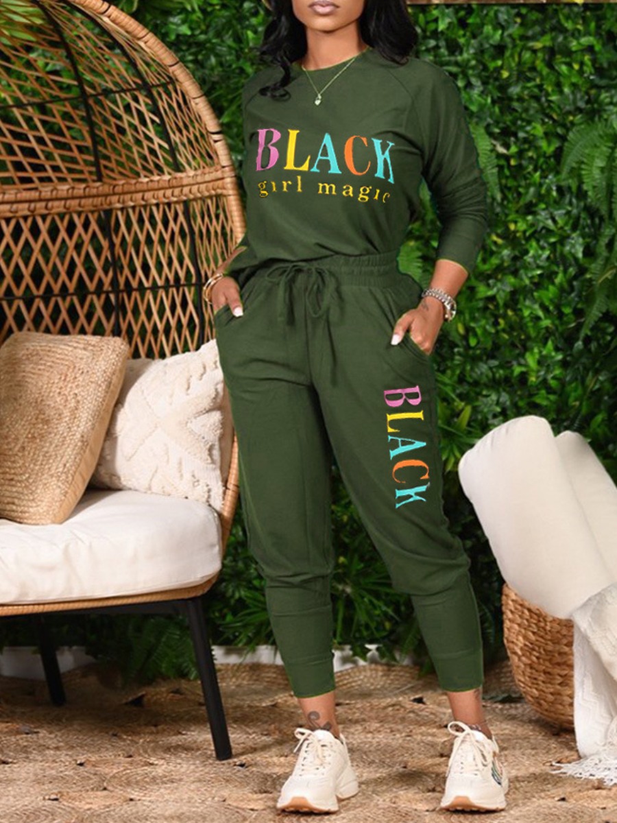 

LW Letter Print Drawstring Pants Set, Army green