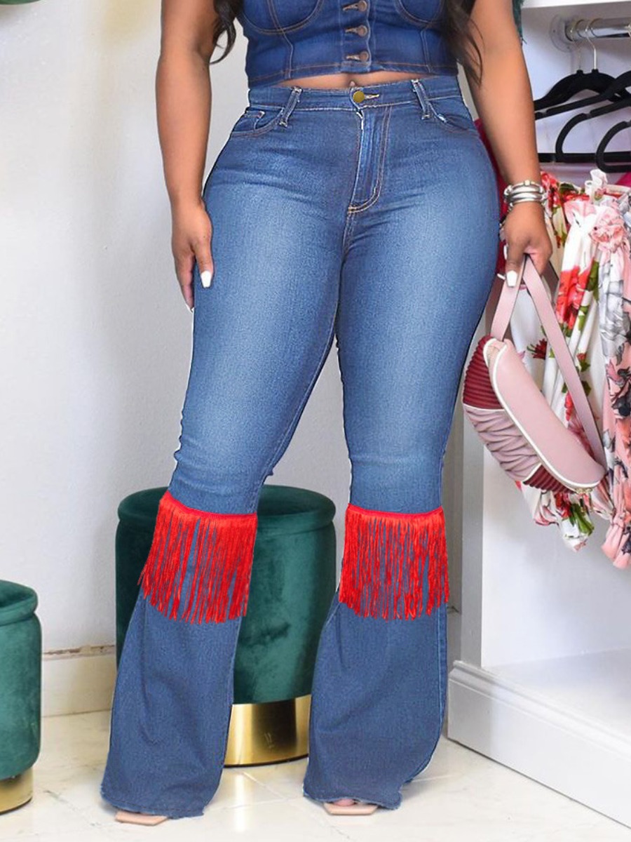 

LW Mid Waist Stretchy Tassel Design Jeans, Blue