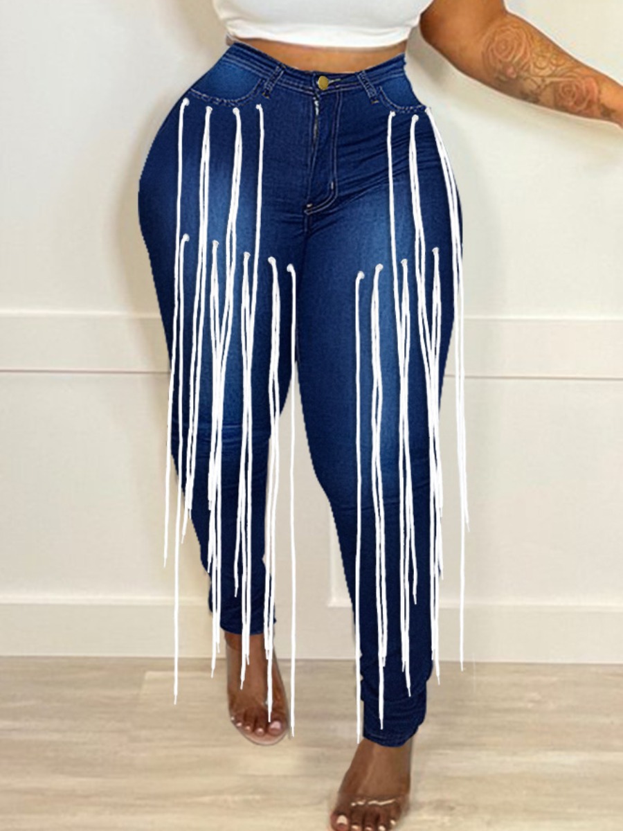 LW Mid Waist High Stretchy Tassel Design Jeans