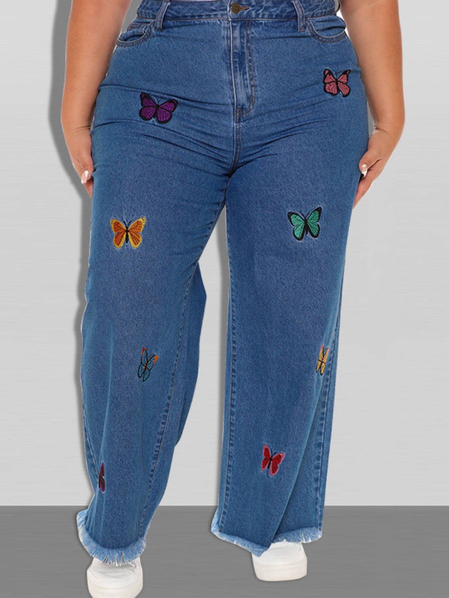 

LW Plus Size Butterfly Print Raw Edge Jeans, Deep blue