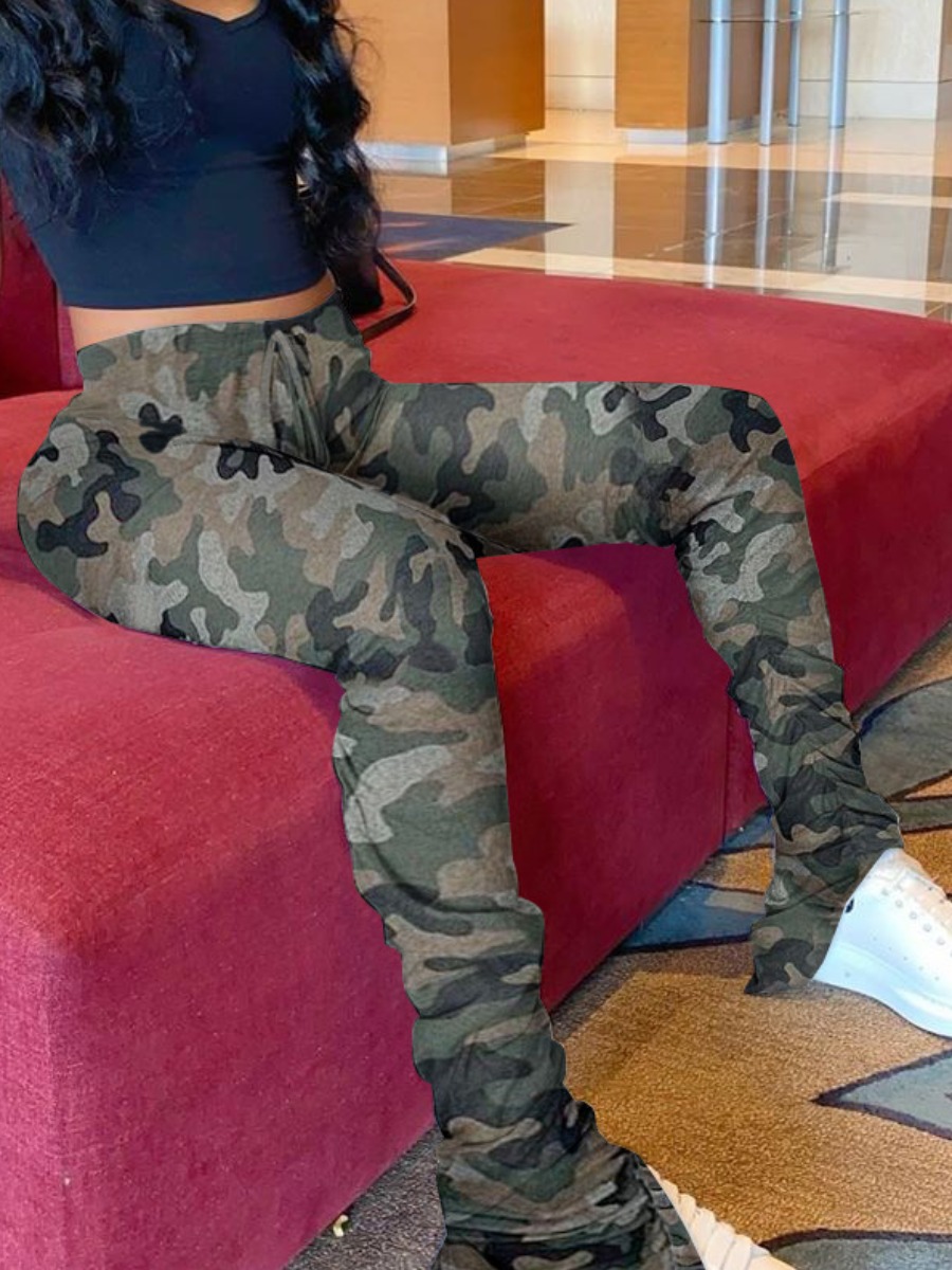 

LW Camo Print Drawstring Stacked Pants, Army green camouflag