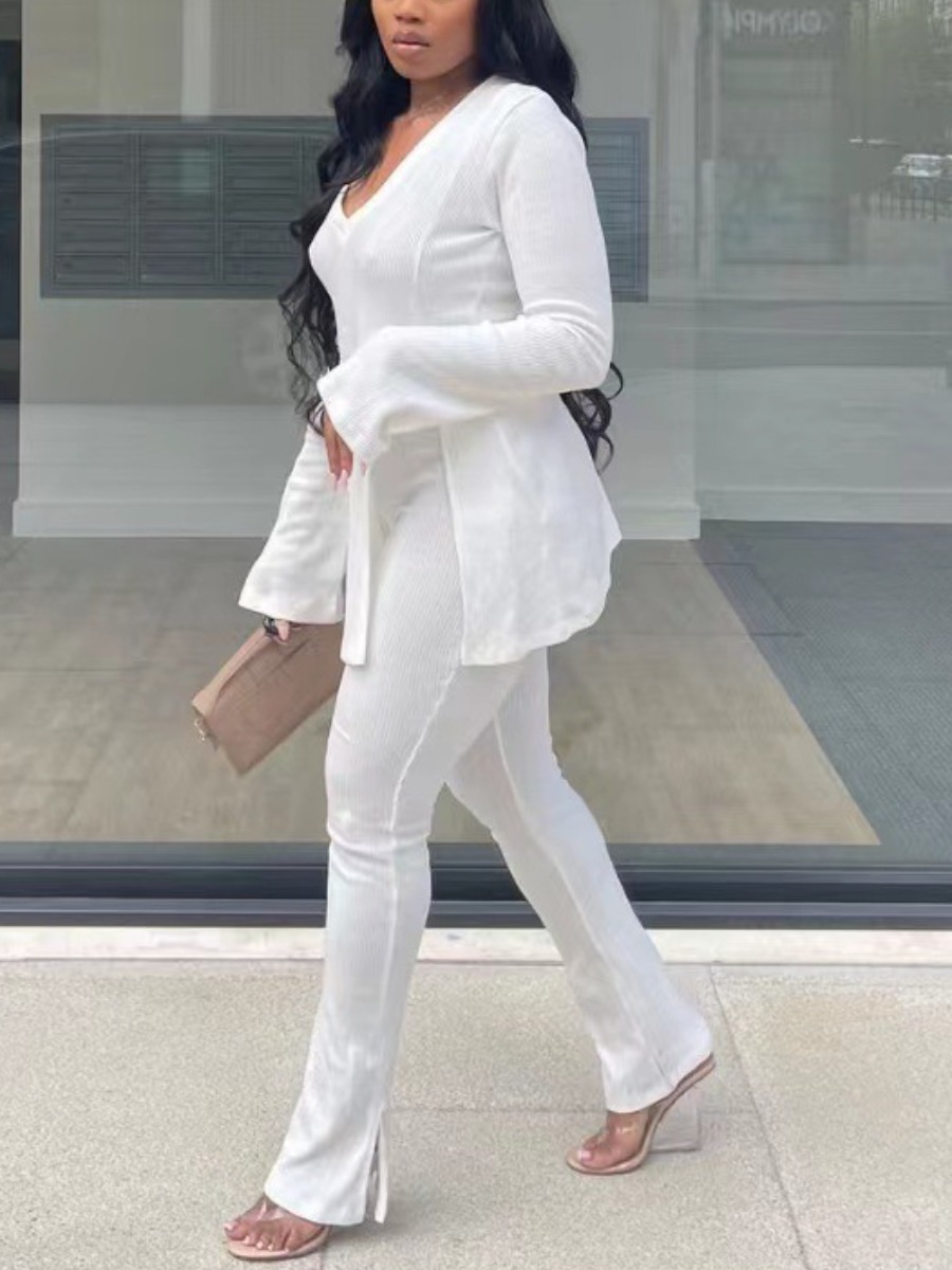 

LW Rib-Knit Split Flared Pants Set, White