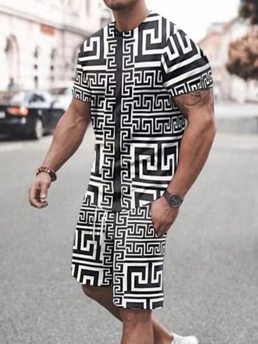 

LW COTTON Men Geometric Print Drawstring Shorts Set, White