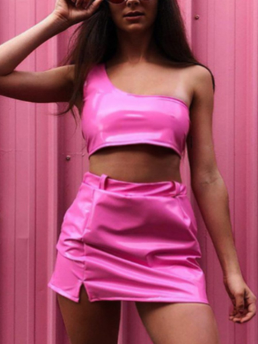 

LW SXY One Shoulder Bandage Design PU Leather Skirt Set, Pink