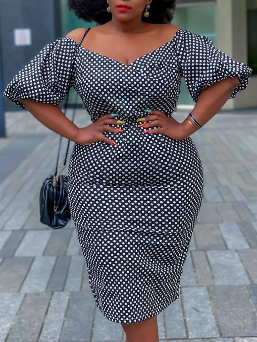 

LW Plus Size V Neck Dot Print Dress, Grey