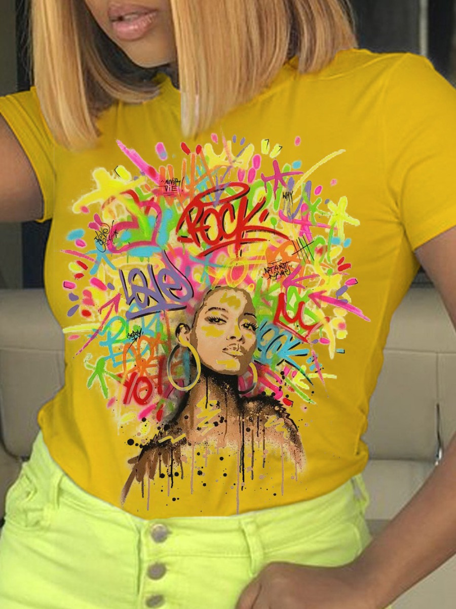 

LW Plus Size Graffiti Letter Print T-shirt, Olive yellow