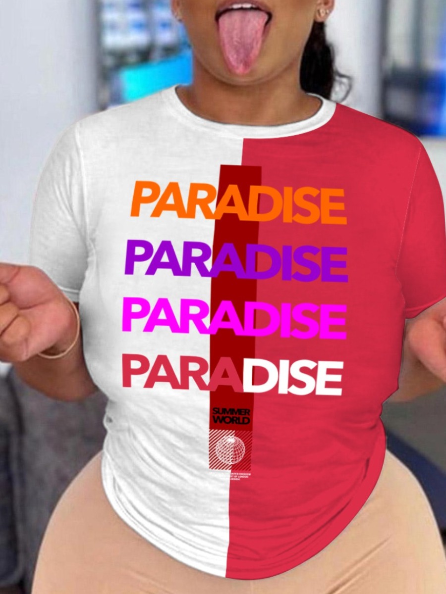 

LW Plus Size Letter Print Patchwork T-shirt, Rose red