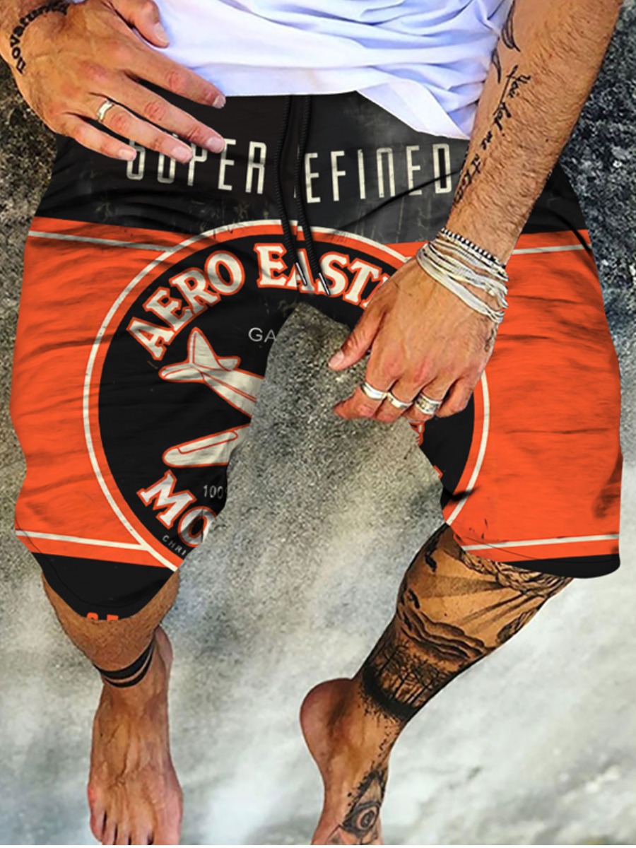 

LW Men Letter Print Patchwork Shorts, Orange red