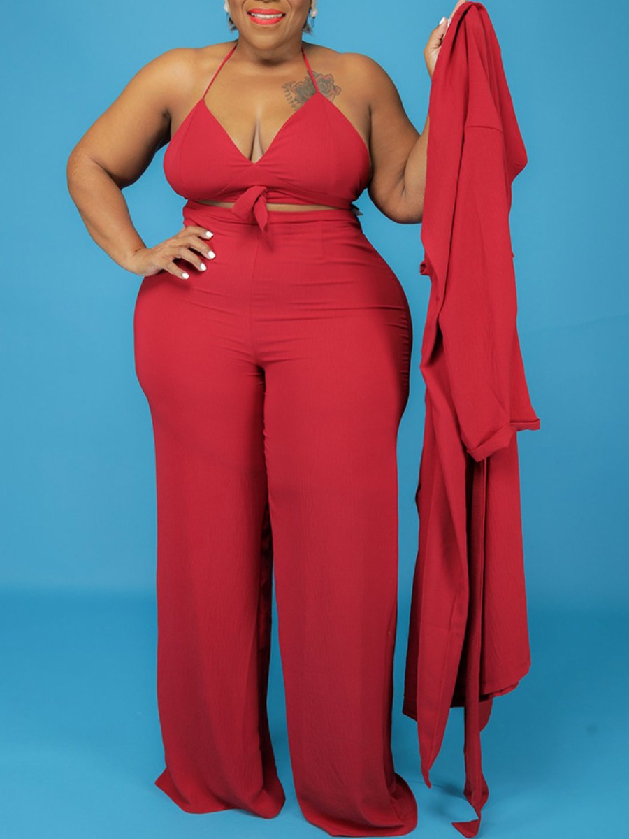 

LW Plus Size Bandage Design Three-piece Pants Set, Red