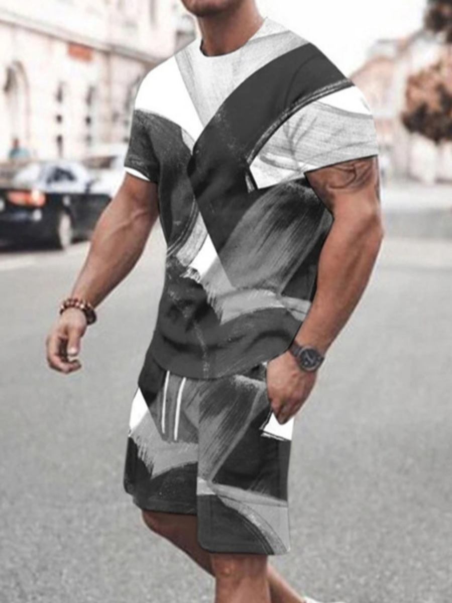 LW COTTON Men Geometric Print Drawstring Shorts Set