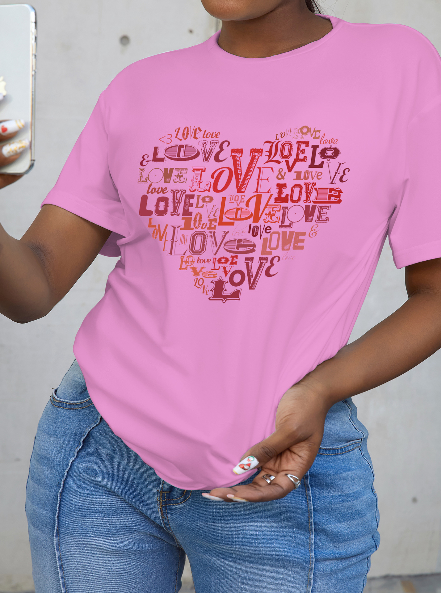

LW Heart Letter Print T-shirt, Pink