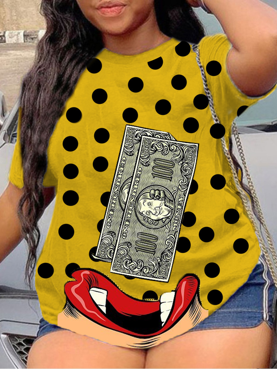 

LW Plus Size Money Dot Print T-shirt, Olive yellow