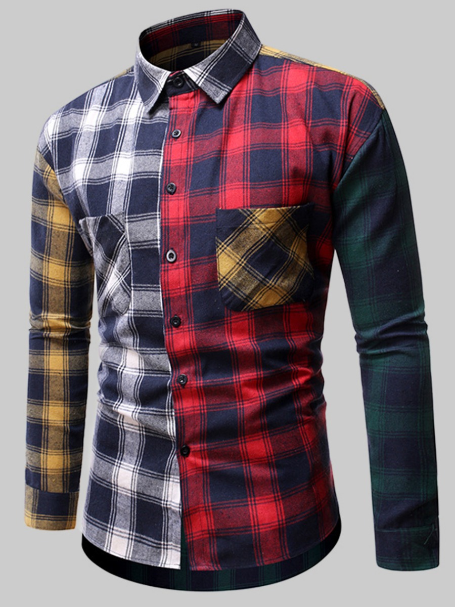 

LW Men Plaid Print Patchwork Shirt, Multi