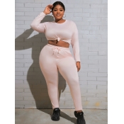 LW BASICS Plus Size Round Neck Drawstring Pants Se