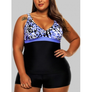 

LW Plus Size V Neck Patchwork Tankini, Blue