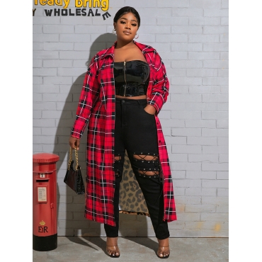 

LW Plus Size Leopard Plaid Print Coat, Red and black check