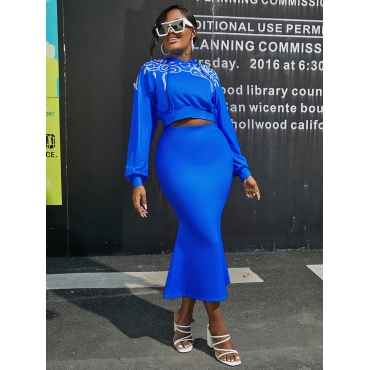 

LW Hooded Collar Print Skirt Set, Blue