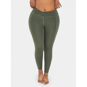 

LW Breathable Stretchy Pocket Crossover Plain 7/8 Leggings, Green