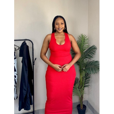 

LW SXY Casual U Neck Basic Skinny Red Ankle Length Dress